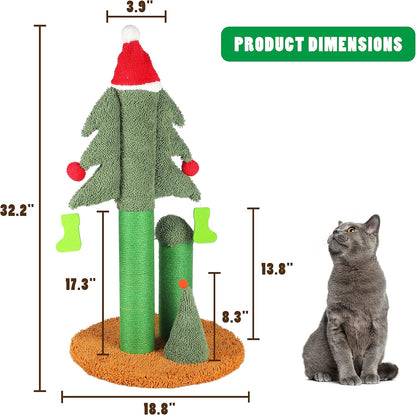 32” Cat Scratching Post, Tall Christmas Tree Cat Scratcher with 3 Posts and Cute Dangling Teaser Balls, Natural Sisal Rope Cat Toys for Kitty and Adult Cats