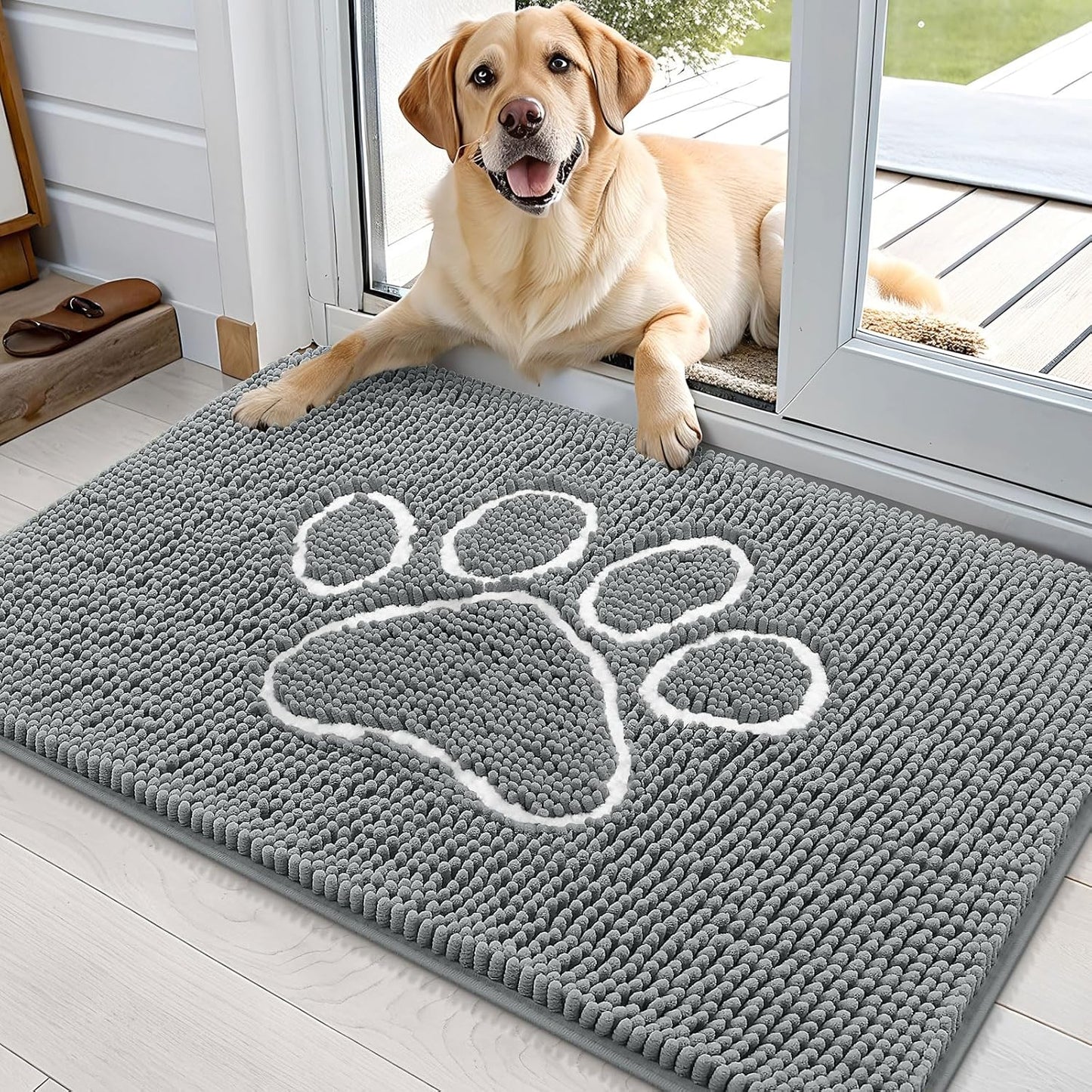 OLANLY Door Mat for Muddy Dog Paws 36x24, Absorbent Chenille Mud Doormat with Paw Print Design, Non-Slip Washable Doormat for Indoor Entryway, Quick-Dry Pet Bed Mats for Dirty Dogs, Grey and White
