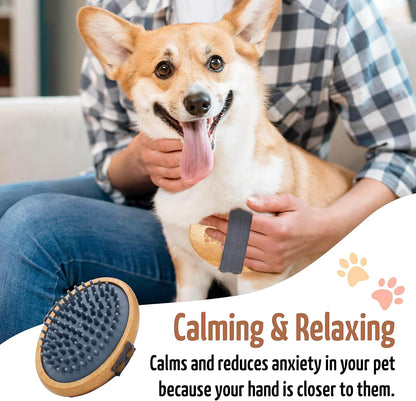 The Buddy System Rubber Pet Close Brush, Soft Touch Oval Palm Brush - Bamboo Massage Handheld with Rubber Bristles and Elastic Band for Dogs and Cats - Gray