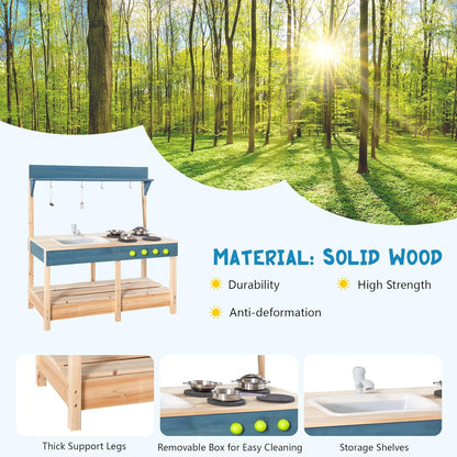 Mud Kitchen Playset for, Outdoor Wooden Toy Play Kitchen Set for Boys and Girls, Kitchen Accessories and Garden Sink with Faucet, Blackboard, Cookware Pot (Blue1)