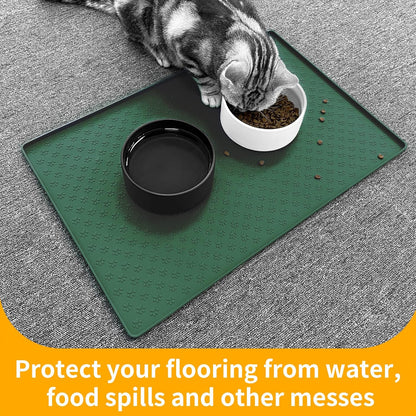 Ptlom Pet Placemat for Dog and Cat, Waterproof Silicone Pet Feeding Bowl Mats for Food and Water, Small Medium Large Dogs Mat Prevent Residues from Spilling to Floor, Hunter Green, 31.5" 23.6"