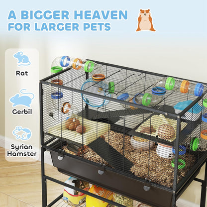 PawHut Hamster Cage with Deep Tray, 3 Tier Rolling Rat Cage with Storage Shelf, Big Exercise Wheel, Tube System, Hut, Platforms, Ramps, Food Dish, Water Bottle, for Syrian, Gerbil, Mouse