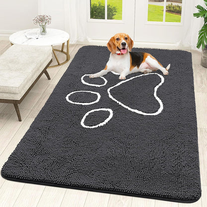 OLANLY Door Mat for Muddy Dog Paws 70x46, Ultra Absorbent Chenille Mud Doormat with Paw Print Design, Non-Slip Washable Doormat for Indoor Entryway, Quick-Dry Pet Bed Mats for Dirty Dogs, Dark Grey