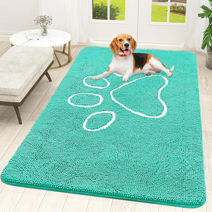 OLANLY Door Mat for Muddy Dog Paws 59x35, Ultra Absorbent Chenille Mud Doormat with Paw Print Design, Non-Slip Washable Doormat for Indoor Entryway, Quick-Dry Pet Bed Mats for Dirty Dogs, Teal