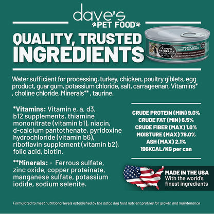 Dave's Pet Food Grain Free Wet Cat Food Gravy (Turkey & Giblets Dinner in Gravy), Made in USA Naturally Healthy Canned, Added Vitamins & Minerals, 5.5 oz Cans (24 Pack)