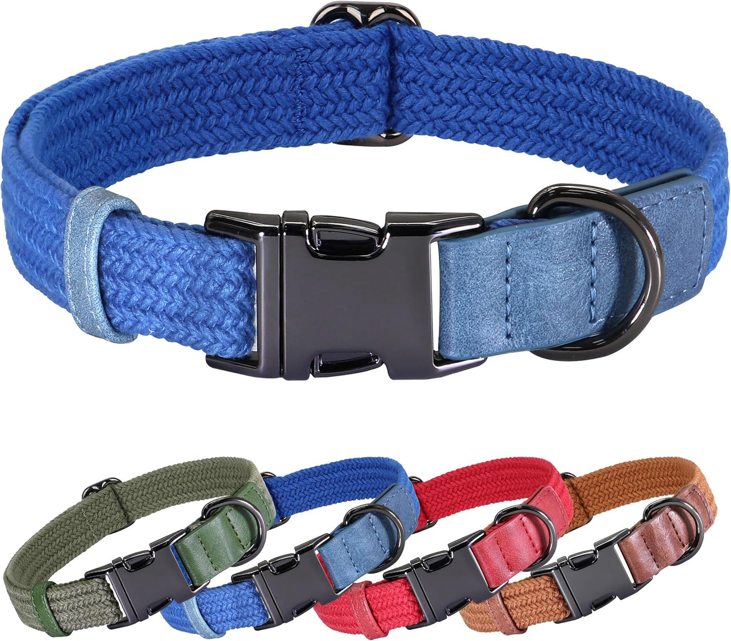 PET ARTIST Soft Cotton Dog Collars for Medium Dogs in Tranquil Blue, Simple Dog Collar with Quick Release Metal Buckle & D Ring, M Size (13-21")