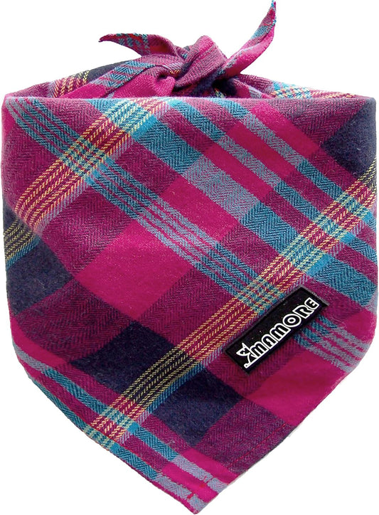 Adjustable Plaid Dog Bandanas,1PC Soft Washable Cotton Triangle Bib Kerchief Scarfs for Small Medium Large Dogs and Cats (Fuchsia&Blue, Large)