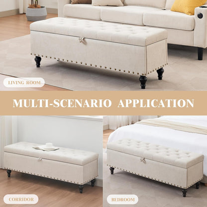 Mangodan51” Linen End of Bed Storage Bench, Tufetd Upholstered Storage Ottoman Bench with Safety Hinge, 330 lb Large Ottoman with Storages for Living Room, Entryway & Bedroom, Window Benches, Beige