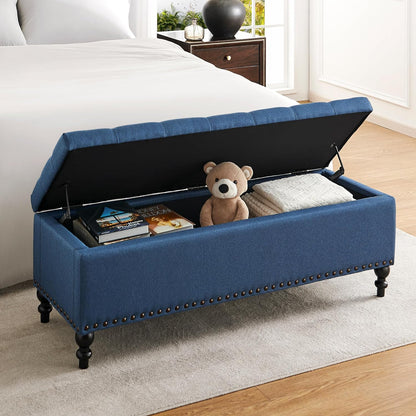 Ottoman with Storage,50.2-inch Upholstered End of Bed Storage Bench for Bedroom,for The Living Room,for Entryway, with Rivets & Button and Safety Hinges,Detachable (Blue)