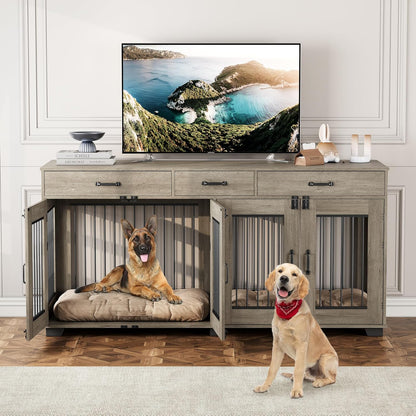 71 in Dog Crate Furniture for 2 Dogs, Wooden Double Dog Crate with 3 Drawers and Removable Room Divider, XXL Indoor Dog Kennel TV Stand End Table with Double Doors for Large Medium Dogs, Grey