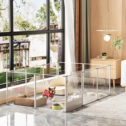 Dog Clear Playpen Fence Kennel: 10Panels Indoor Transparent Whelping Box Pen Cage with Waterproof whelping pad - Extra Long Acrylic Exercise Kennel with Metal Frame for Cats Puppy Rabbits Guinea Pig