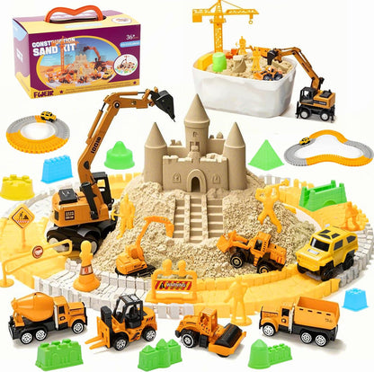 Sand Construction Kit, 2.2lbs Play Sand with Sandbox, 1 Toy Mat 8 Alloy Construction Trucks Race Tracks 10 Sand Molds Sensory Bin Toys for Toddlers Boys Girls Ages 3-8