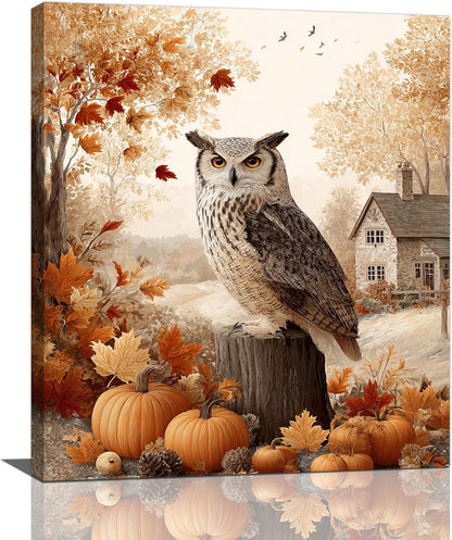 Fall Owl Wall Art Autumn Pumpkin Leaves Wall Decor Rustic Canvas Print Farmhouse Pictures Painting Print Framed Artwork Decorations Gifts for Living Room Bathroom Bedroom Office 20"x24"