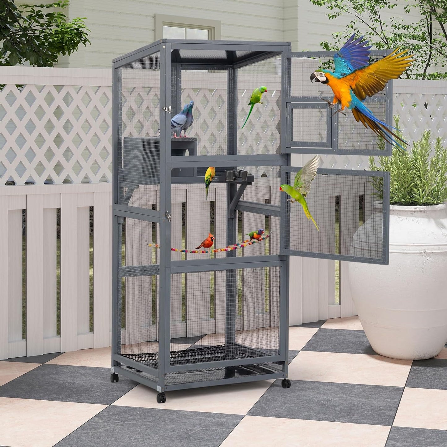Coziwow 68" H Large Wood Bird Cage on Wheels, Outdoor Bird Aviary Indoor Wooden Large Bird Cage Parakeet Cage with Pull Out Tray and Feeder,Ideal for Small Birds,Finches,Parrots, Gray