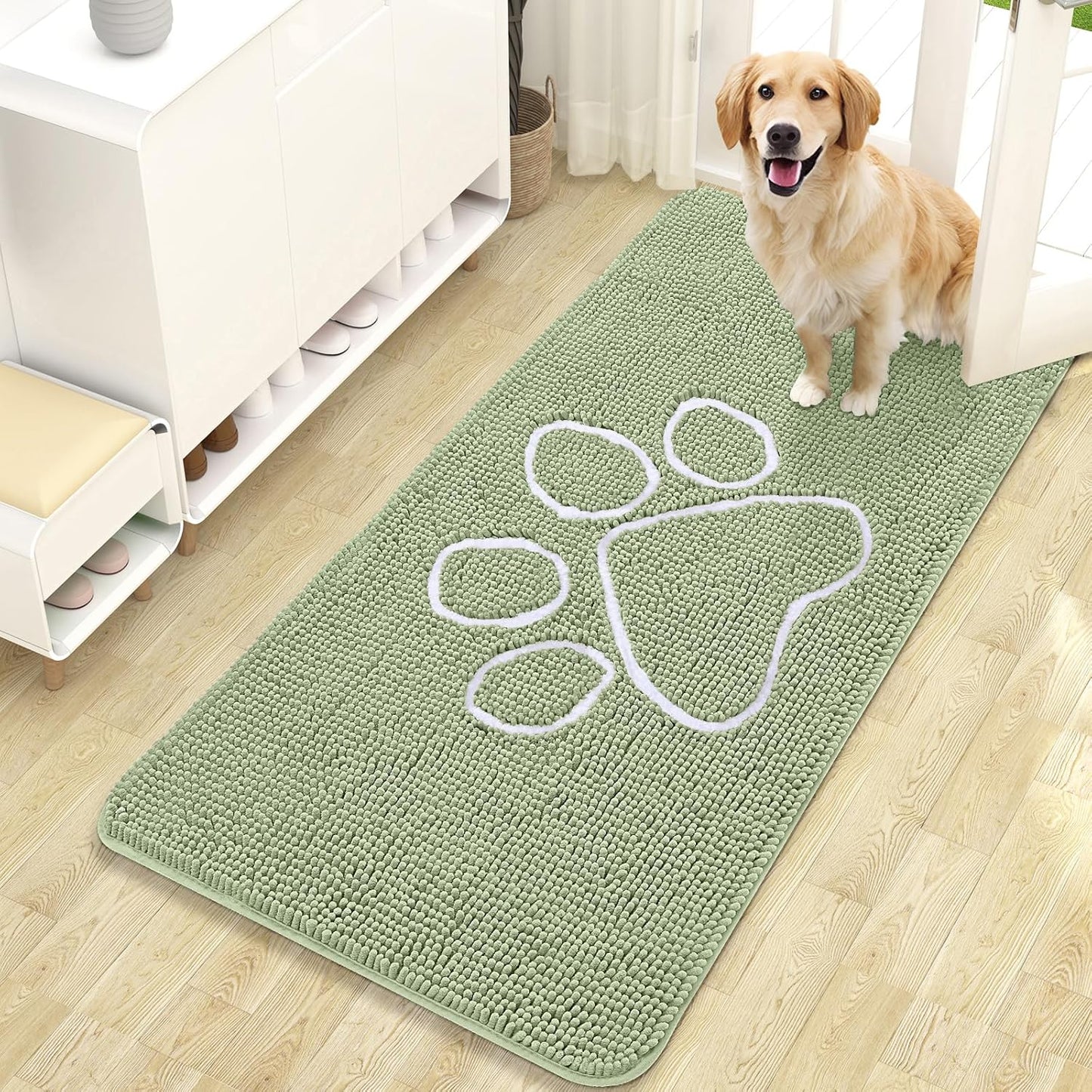OLANLY Door Mat for Muddy Dog Paws 47x24, Ultra Absorbent Chenille Mud Doormat with Paw Print Design, Non-Slip Washable Doormat for Indoor Entryway, Quick-Dry Pet Bed Mats for Dirty Dogs, Sage Green