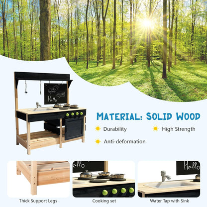 Mud Kitchen Playset for, Outdoor Wooden Toy Play Kitchen Set for Boys and Girls, Kitchen Accessories and Garden Sink with Faucet, Blackboard, Cookware Pot (Black)