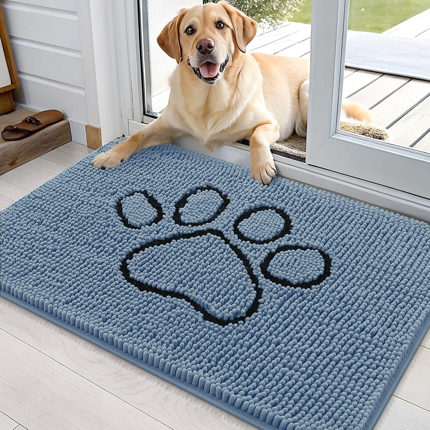 OLANLY Door Mat for Muddy Dog Paws 36x24, Absorbent Chenille Doormat with Paw Print Design, Non-Slip Washable Doormat for Indoor Entryway, Quick-Dry Pet Bed Mats for Dirty Dogs, Airy Blue and Black