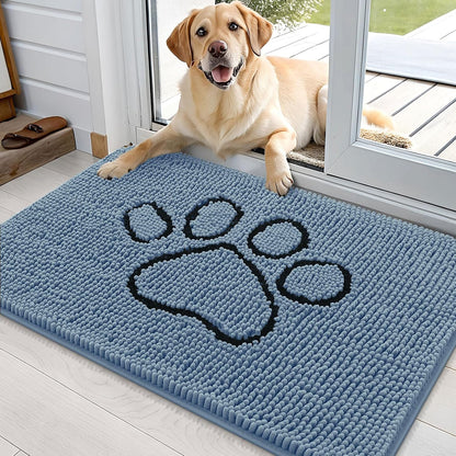 OLANLY Door Mat for Muddy Dog Paws 36x24, Absorbent Chenille Doormat with Paw Print Design, Non-Slip Washable Doormat for Indoor Entryway, Quick-Dry Pet Bed Mats for Dirty Dogs, Airy Blue and Black