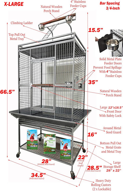 X-Large Elegant and Durable Wrought Iron Play Ground Perch Stand Top Climbing Ladder Bird Parrot Rolling Metal Cage with Around Seed Guard Storage Shelf On Heavy Duty Lockable Rolling Wheels