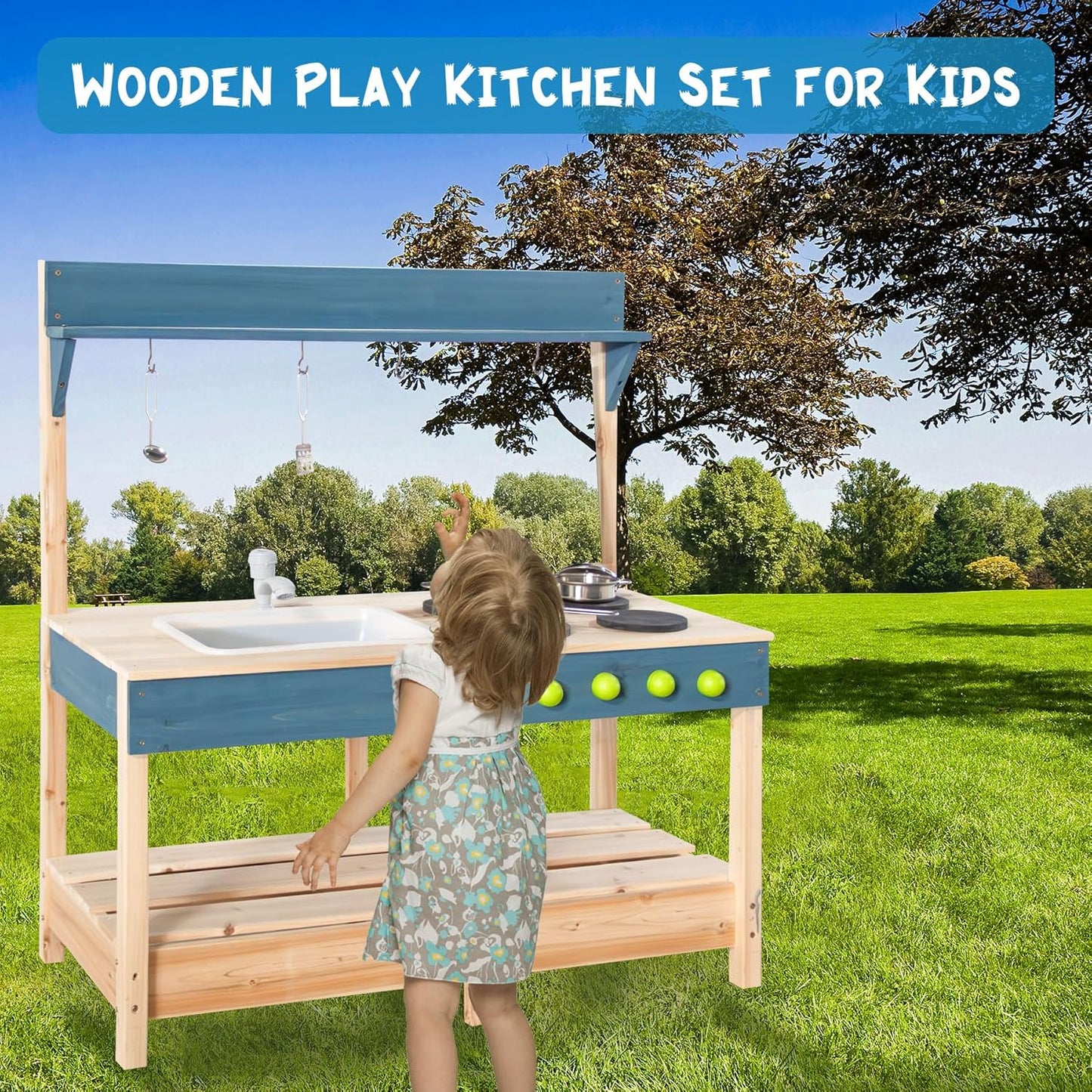 Mud Kitchen Playset for, Outdoor Wooden Toy Play Kitchen Set for Boys and Girls, Kitchen Accessories and Garden Sink with Faucet, Blackboard, Cookware Pot (Blue1)