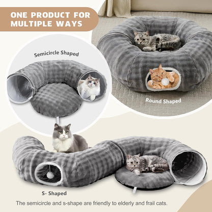 Bubble Cat Tunnel for Indoor Cats, Round Peekaboo Cave Toy with Dangling Balls, Donut Tunnel Bed with Circle Mat for Puppy Kitten Rabbit, Grey