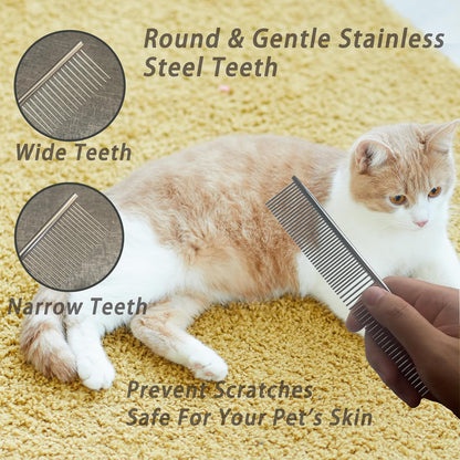 Cat Grooming Brush Kit 6 Tools - Deshedding & Dematting for Long/Short Hair, Self-Cleaning Slicker Brush with 6-in-1 Flea Comb for Cats & Kittens (White)