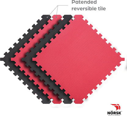 Norsk Reversible Gym Exercise Mats 3/4" Thick EVA Interlocking Foam Tiles, Perfect Home Gym Flooring, 16 24"x24" Tiles & 32 Trim Pieces, 64 Sq. Ft. Reversible, Red/Black