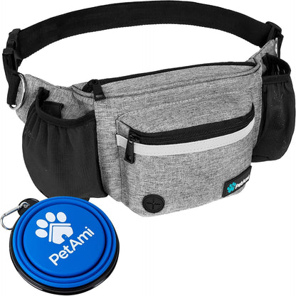 PetAmi Dog Fanny Pack, Treat Pouch for Dog Walking, Training, Built in Poop Bag Dispenser, Water Bottle Holder, Collapsible Bowl, Pet Treat Waist Belt for Hiking, Running, Kibbles (Grey)