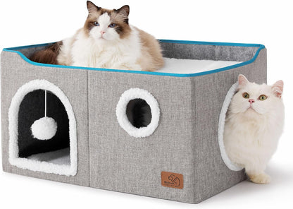 Bedsure Large Cat Beds for Indoor Cats - Extra Wide Cat Cube House for Small Pet with Fluffy Ball Hanging and Scratch Pad, Foldable Pet Cave Hideaway for Multiple Cats, 23.6x16.9x13 inches, Grey