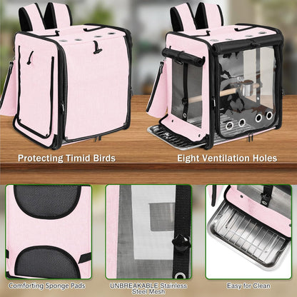 Suertree Bird Carrier with Seat Belt for Car Travel, Bird Backpack Carrier with Indestructible Stainless Steel Mesh, Large Bird Carrier Travel Cage, Pink