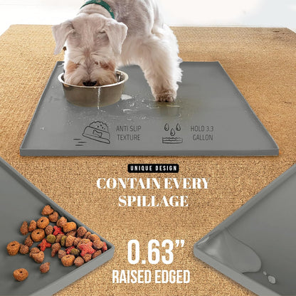 AVERYDAY 18x10'' Silicone Dog Mat for Food and Water, 0.63'' Edge Dog Food Bowl Mats for Floor Waterproof, Dogs Water Mat for Sloppy Drinker, Non Slip Rubber Pet Feeding Mats for Indoor Dogs and Cats