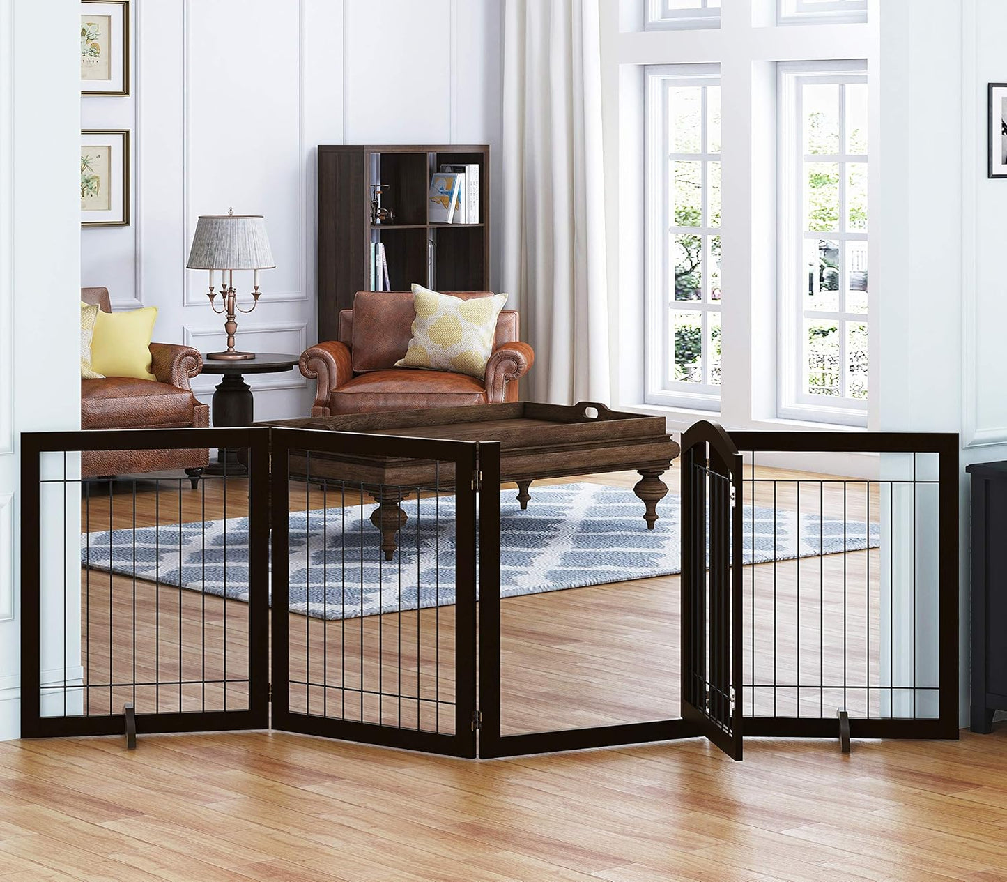 SPIRICH 96-inch Extra Wide 30-inches Tall Dog Gate with Door Walk Through, Freestanding Wire Pet Gate for The House, Doorway, Stairs, Pet Puppy Safety Fence, Support Feet Included(Espresso)