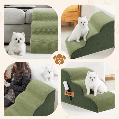 Romrol Dog Stairs Ramp for High Beds Couches, High Density Foam Pet Steps with Durable Non-Slip Waterproof Fabric Cover, Dog Stairs for Small Dogs or Cats or Pets, 3-Step,15 Inch,Green