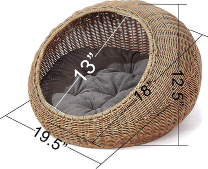 D+GARDEN Wicker Cat Bed Dome for Medium Indoor Cats - a Covered Cat Hideaway Hut of Faux Rattan Houses Pets in Dome Basket, Washable