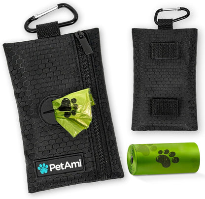 PetAmi Dog Poop Bag Holder for Leash, Dog Poop Bag Dispenser with Clip, Dog Waste Bag Holder for Pet, Dog Treat Pouch, Doggy Walking Camping Accessories with Trash Bag Roll, Black 1 Pack
