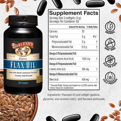 Barlean's Lignan Flaxseed Oil Softgels, Cold-Pressed Flax Seed Supplement with 1,550 mg ALA Omega-3 Fatty Acids for Joint & Heart Health, 1000mg, 250 ct