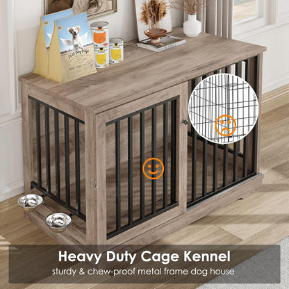 Dog Crate Furniture 47” Large Dog Kennel for Dogs Indoor, Heavy Duty Dog Cage with Sliding Door and 2 SUS Bowls Wooden End Table in Living Room for Small Medium Large Dogs, Rustic