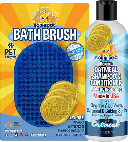 Bodhi Dog Shampoo Brush & Oatmeal Shampoo and Conditioner Bundle - Grooming Essentials for Pets, Short Hair Scrubber, Soothes and Moisturizes Dry, Itchy Skin - Hydrates & Nourishes