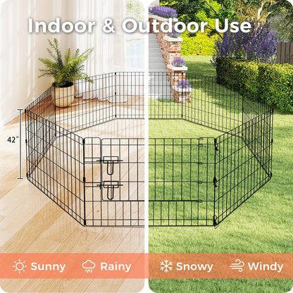 Foldable Dog Playpen 42" Height 8 Panels Metal Exercise Pen with Door - Indoor/Outdoor Dog Play Pen for Medium-Large Dogs, Portable Pet Fence for Yard Garden Camping, Black