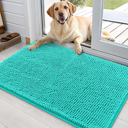 OLANLY Dog Door Mat for Muddy Paws 36x24, Absorbs Moisture and Dirt, Absorbent Non-Slip Washable Doormat, Quick Dry Chenille Mud Mat for Dogs, Entry Indoor Entryway Carpet for Inside Floor, Teal
