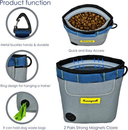 Dog Treat Pouch for Pet Walking and Training with Clicker 2 Cup Silicone Bag Small Fanny Pack Holder for Puppy Snack Dispenser Kit for Leash and Outdoor Use (Gray)