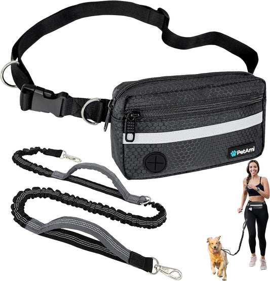 PetAmi Hands Free Dog Leash, Dog Running Leash Belt for Walking Jogging, Dog Waist Zipper Pouch Fanny Pack with Poop Bag Dispenser, Dual Padded Handle Bungee Leash for Small Medium Large Dogs, Single