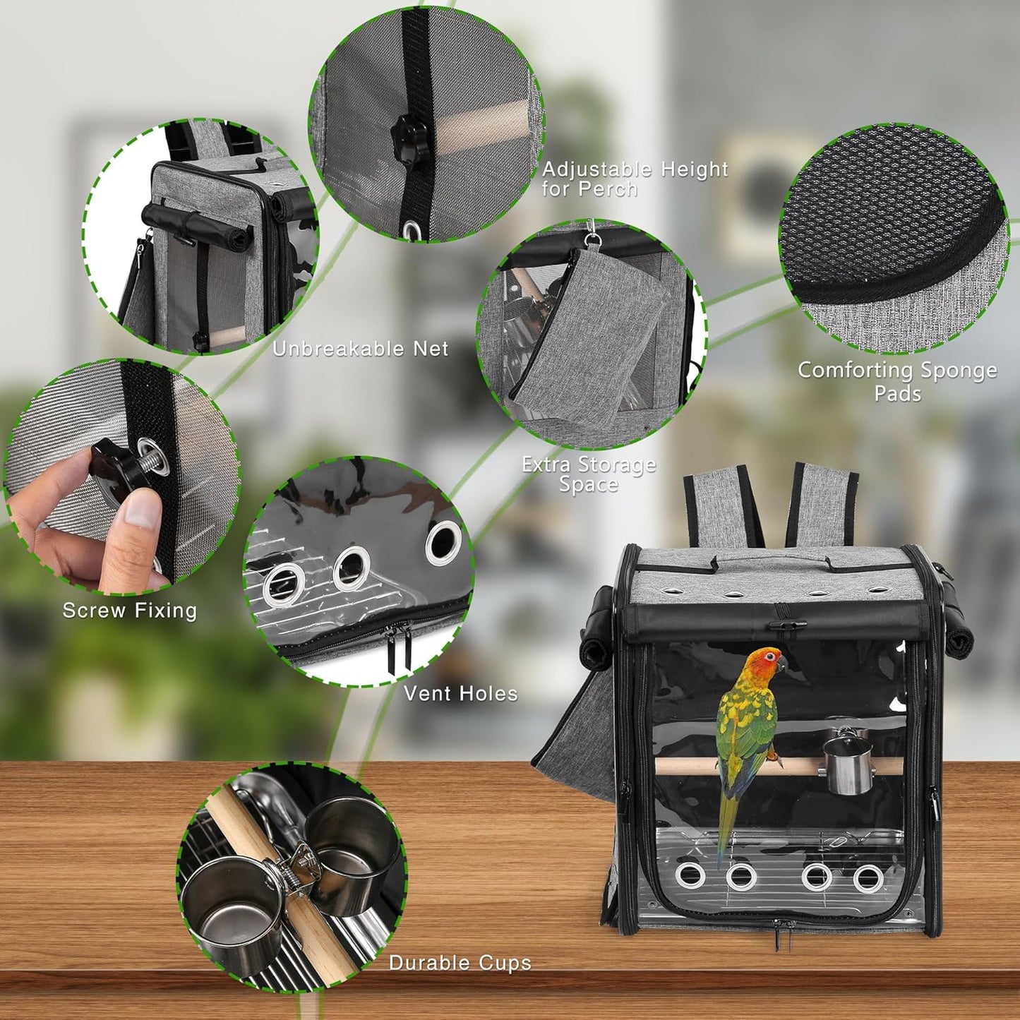 Suertree Bird Carrier with Seat Belt for Car Travel, Bird Backpack Carrier with Indestructible Stainless Steel Mesh, Large Bird Carrier Travel Cage, Grey