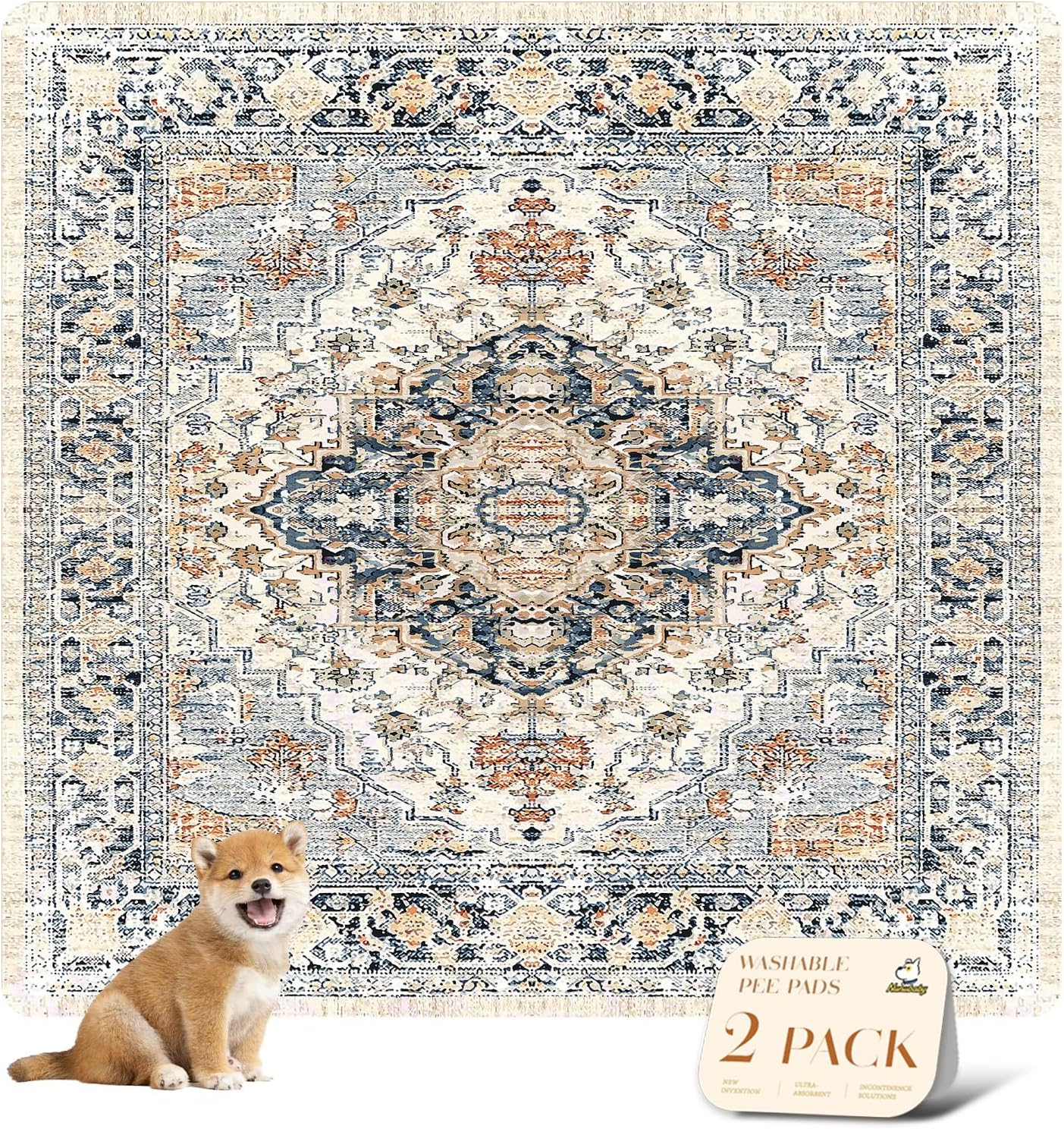 nunubaby 2PACK Washable Pee Pads for Dogs, Stylish, Non-Slip and Leak-Proof Pee Pads. Reusable Potty Pads for Dogs for Crates and Floors.(Beige/Multi, 72" x72")