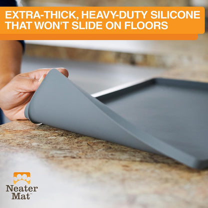 Neater Pet Brands Neater Mat Pet Mats for Food and Water, Cat & Dog Bowl Mat Waterproof Silicone, Feeding Tray, Dog Food Mats for Floors, Placemat w/Raised Edge for Under Bowls, 16” x 10”, Grey