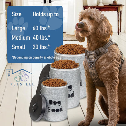 Medium 40lb Dog & 30lb Cat Pet Food Storage Canister with Scoop Combination – Durable & Airtight for Freshnesss, Minimalist Design & Recyclable, Medium Metal Container