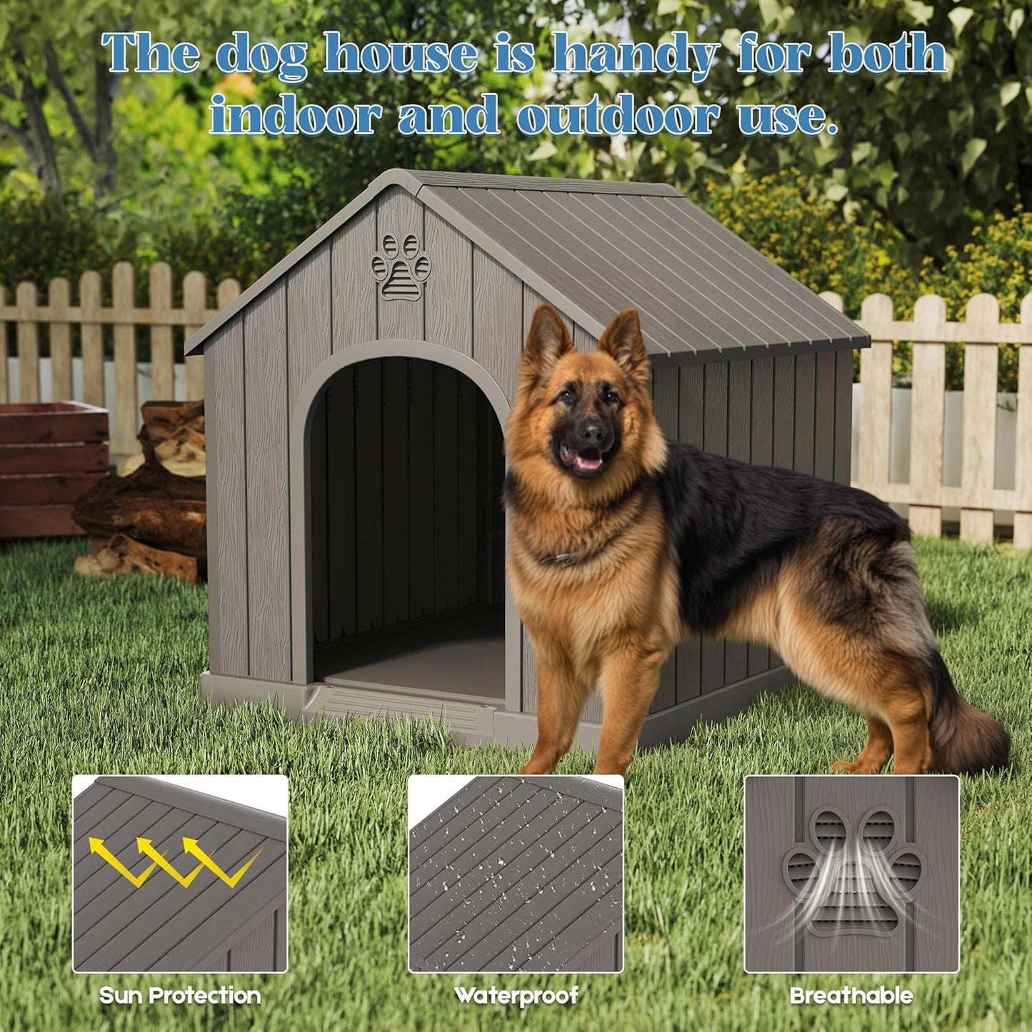 Large Dog House Outdoor Indoor for Medium Large Dogs, Durable Plastic Waterproof Doghouse with Air Vents and Elevated Floor, Easy Clean and Assemble (Grey, 36.2''L×38''W×38''H)