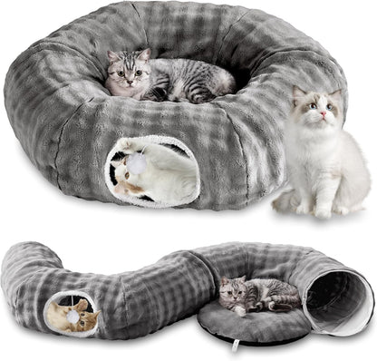 Bubble Cat Tunnel for Indoor Cats, Round Peekaboo Cave Toy with Dangling Balls, Donut Tunnel Bed with Circle Mat for Puppy Kitten Rabbit, Grey