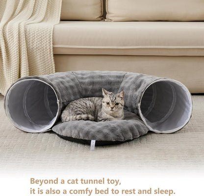 Bubble Cat Tunnel for Indoor Cats, Round Peekaboo Cave Toy with Dangling Balls, Donut Tunnel Bed with Circle Mat for Puppy Kitten Rabbit, Grey