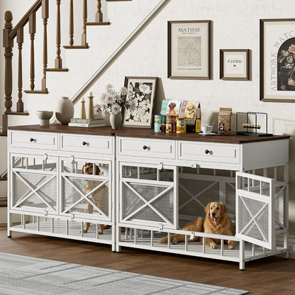 IRONCK 44 inch Large Dog Crate Furniture, Wooden Dog Kennel with Storage Drawers for Medium/Large Dogs, Decorative Dogs Kennel Indoor, White and Walnut